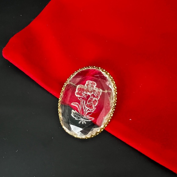 Vintage Glass Intaglio Circle Brooch Floral Pin Flower Brooch Jewelry - Picture 6 of 8
